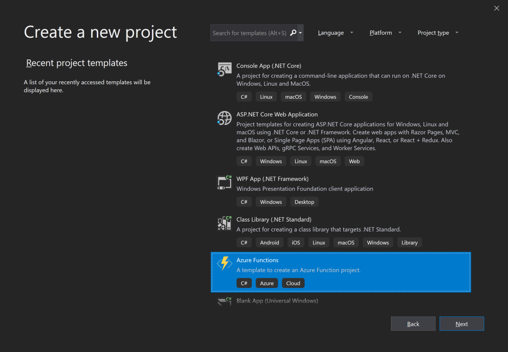 New Azure Functions project