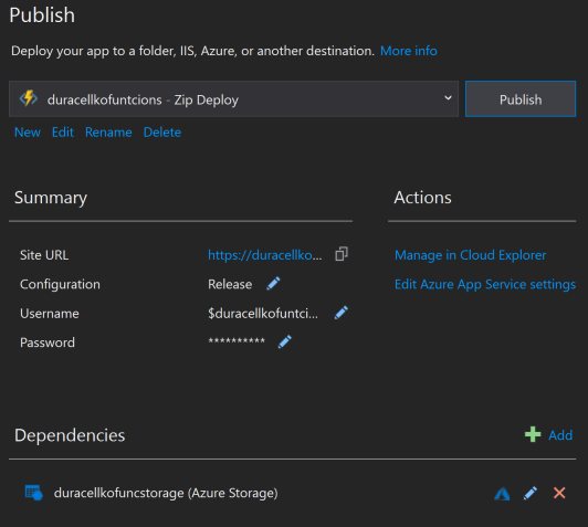 Azure Functions - Publish window